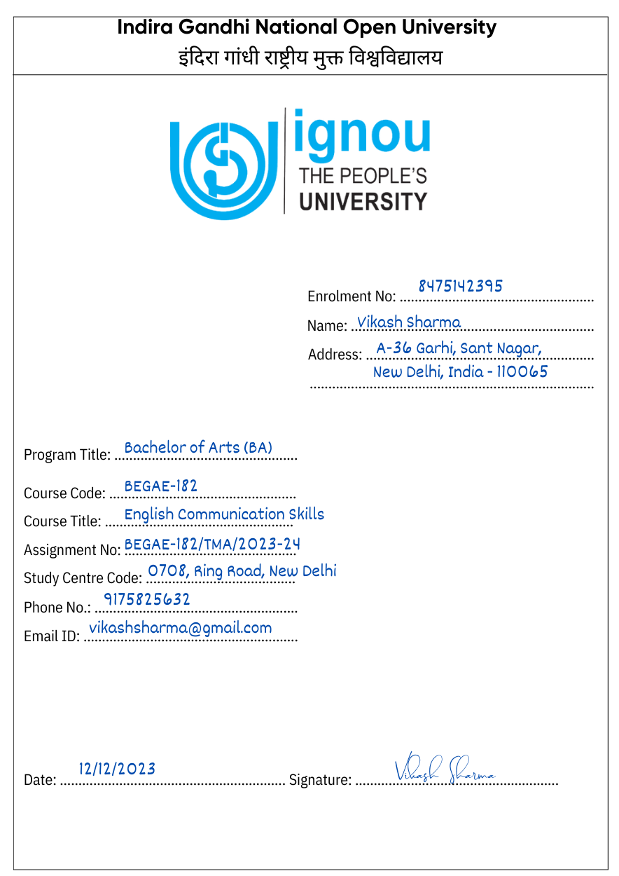 IGNOU Assignment Front Page Filled