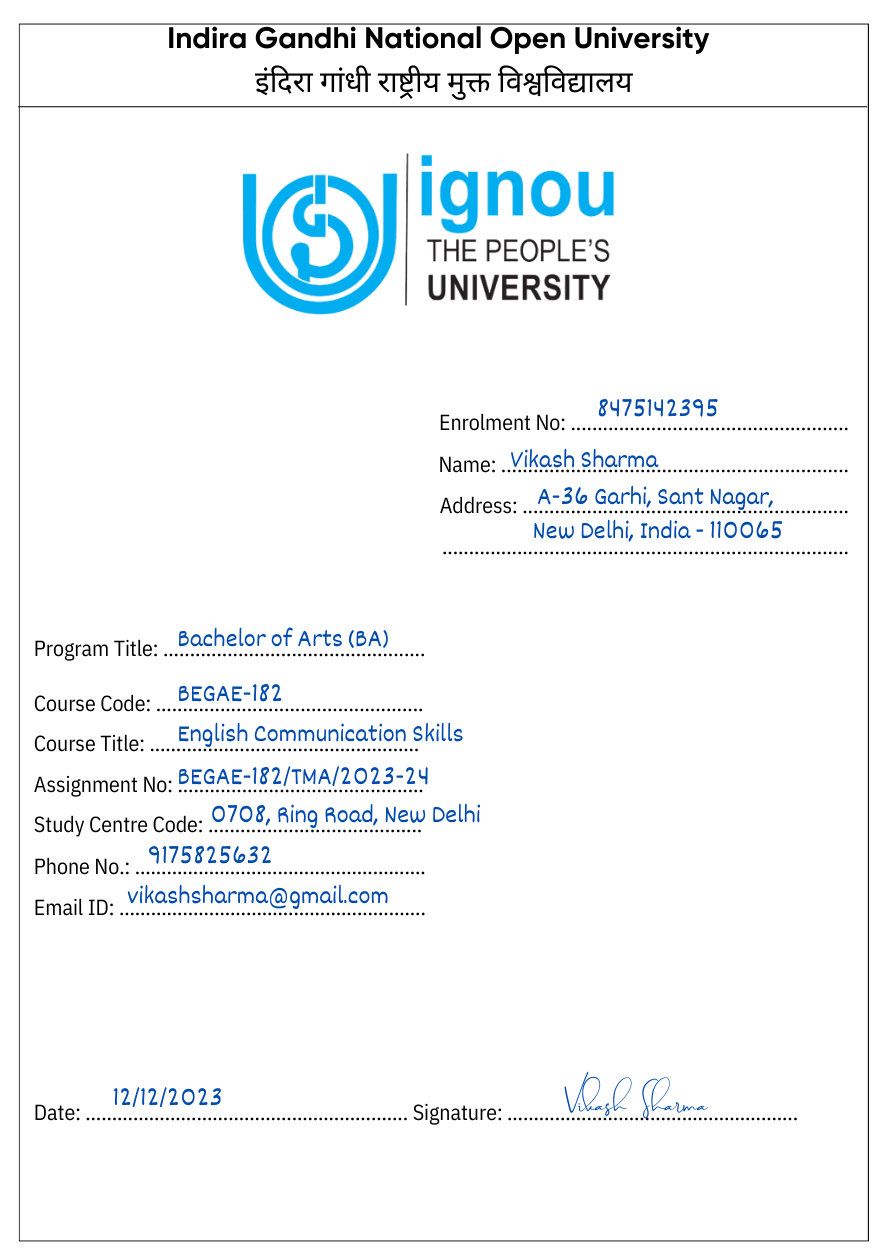 ignou assignment front page pdf 2022 23